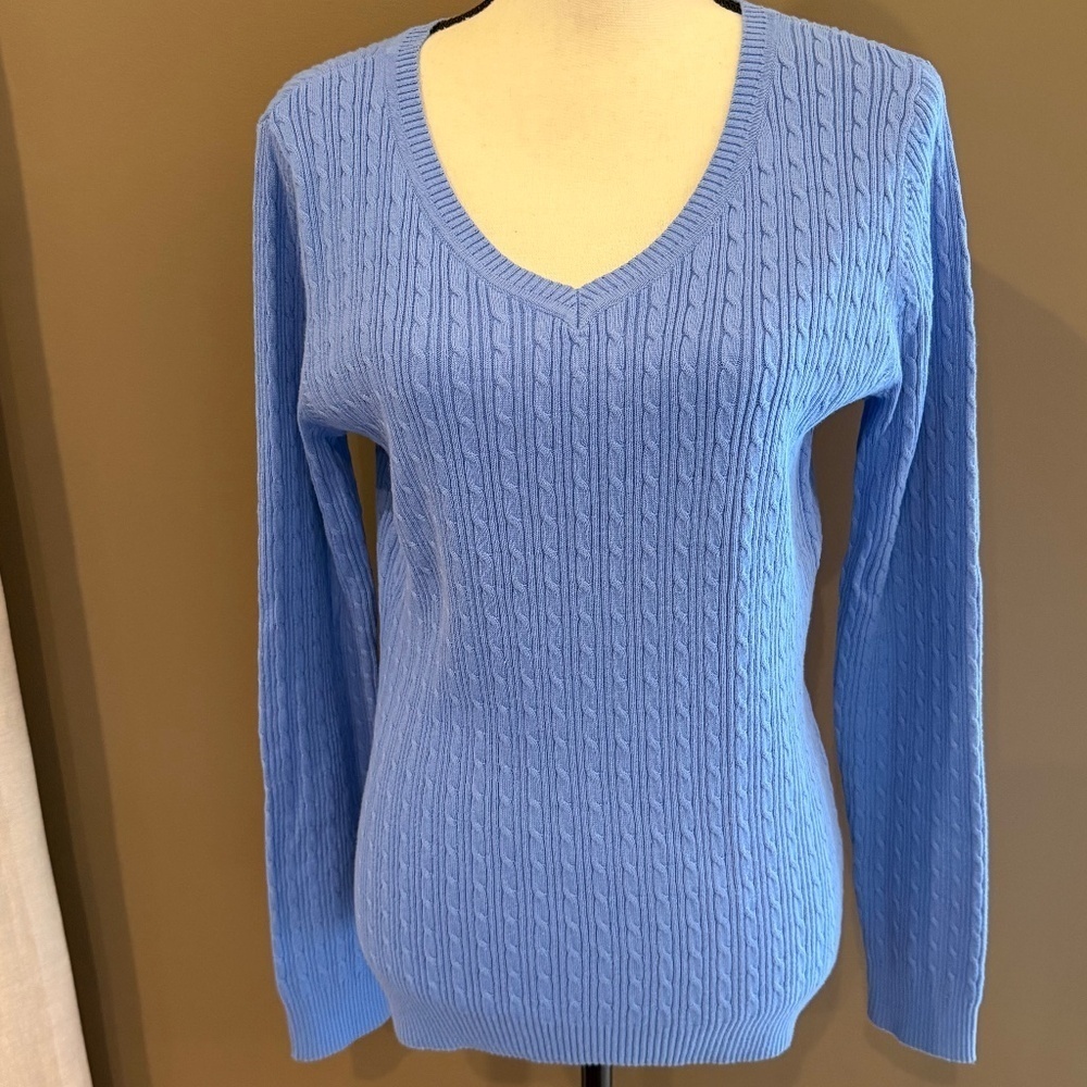 NWT Studio Works Women's Blue Cable Knit Long Sleeve V-neck Sweater, Size XL